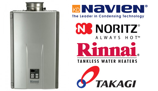Tankless water heater with manufacturer logos